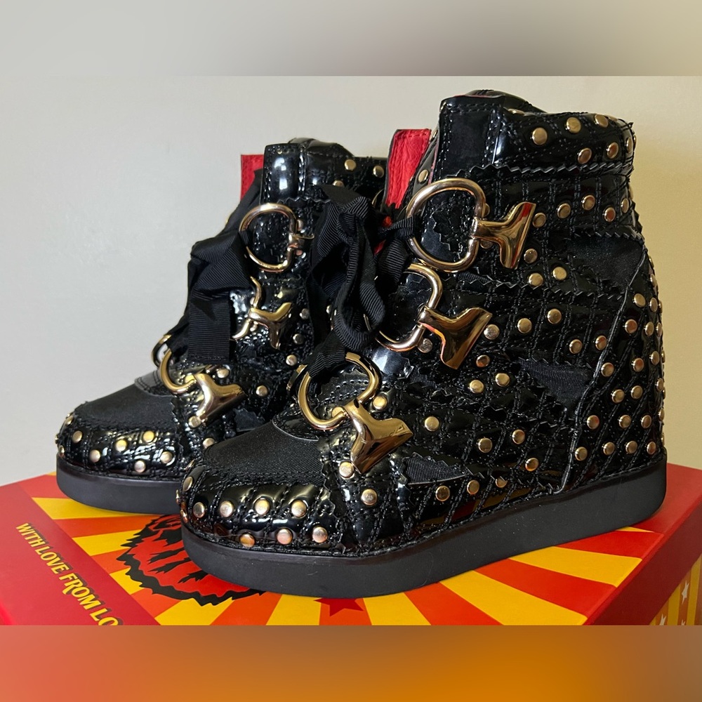 Jeffrey Campbell Gold and Black Combat Boots with Metallic Accents - Picture 4 of 13